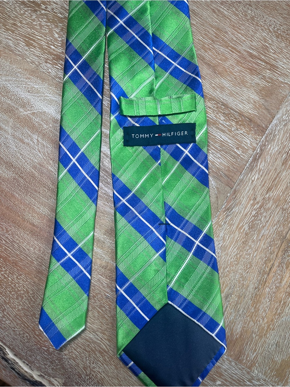 Tommy Hilfiger Green, Blue & White Plaid Silk Tie